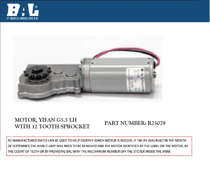BAL R25079 RV Slide Out Exact Slide Motor Kit With Gearbox Mount Top Left Or Bottom Right