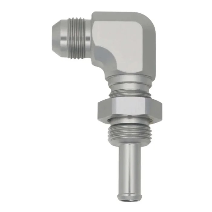 DeatschWerks 8AN Male Flare to 90-Degree 3/8in Single Hose Barb – Anodized DW Titanium
