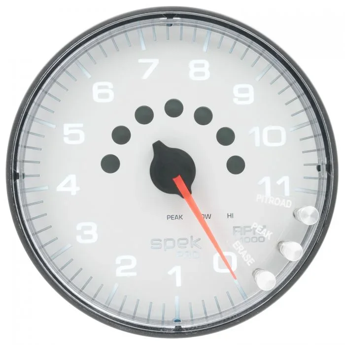GAUGE, TACHOMETER, 5in, 11K RPM, W/SHIFT LIGHT & PEAK MEM, WHITE/BLACK, SPEK-PRO
